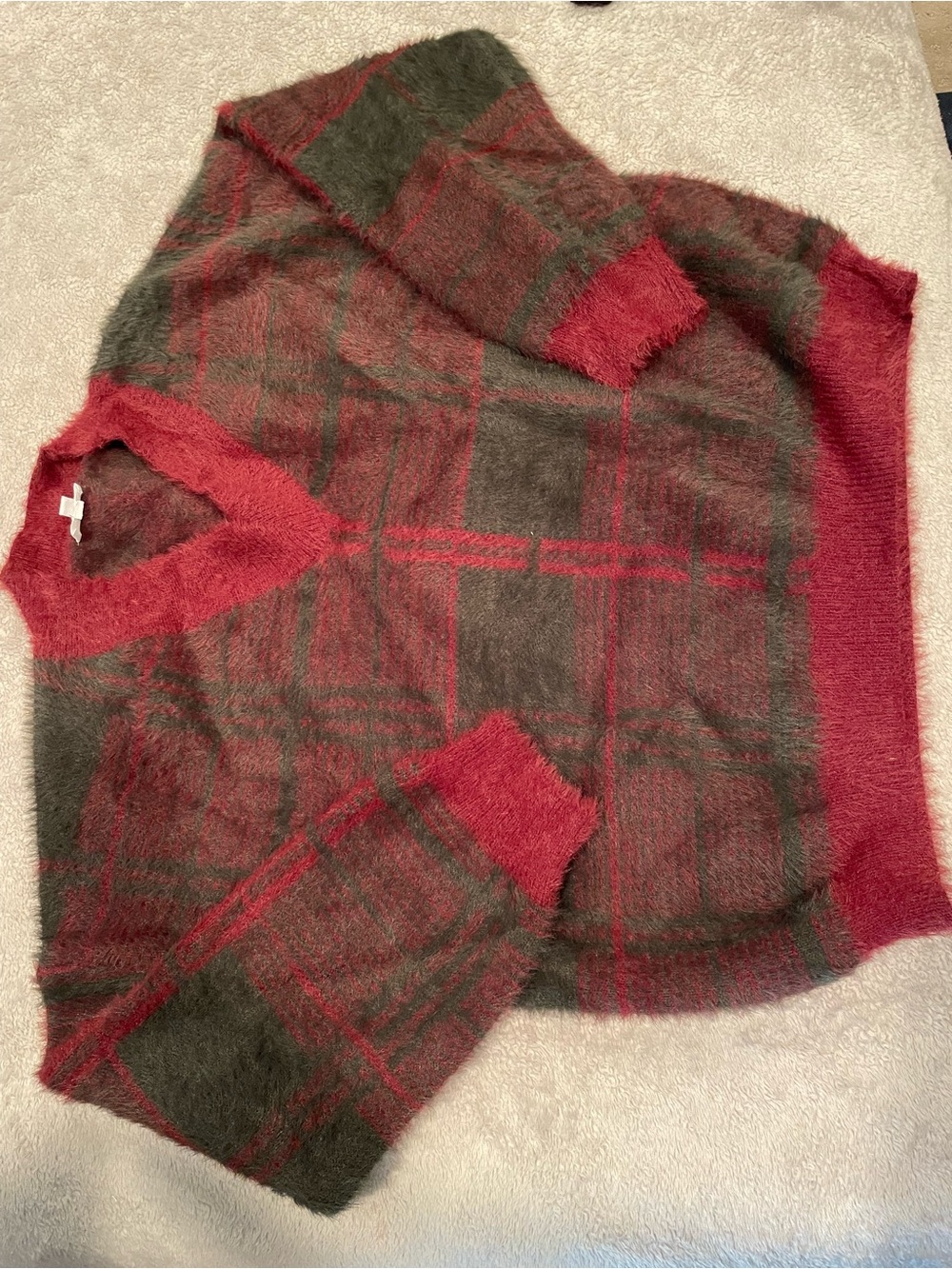 Le Lis Red and Olive Plaid V-Neck Fuzzy Sweater